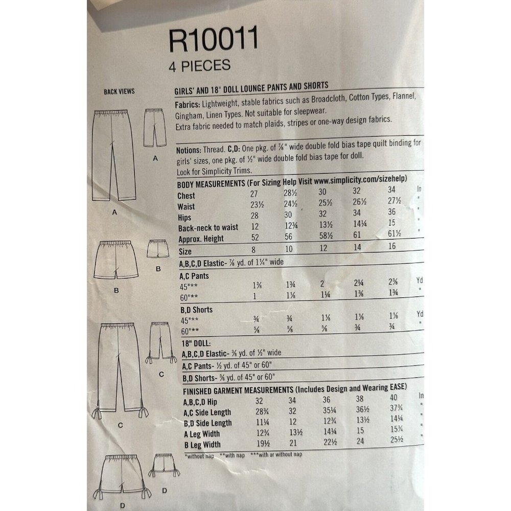 Simplicity American Doll Girl Sewing Pattern Lounge Pants Shorts #R10011A Sz8-16 - Picture 2 of 3